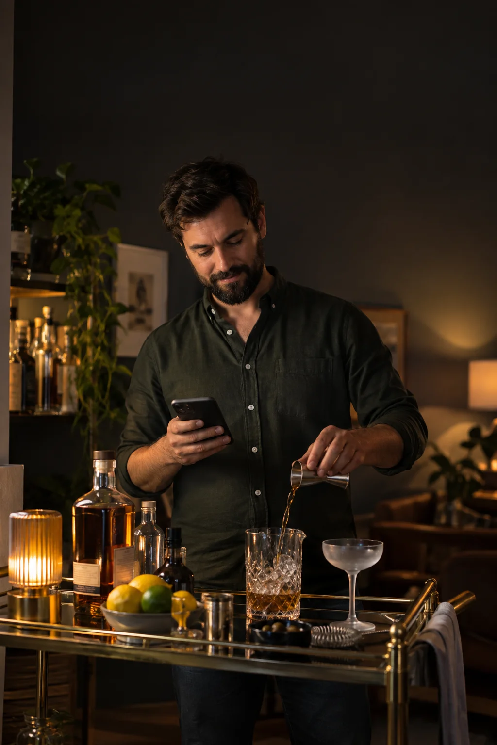 A man at a home bar cart measuring a spirit with a jigger while holding his phone